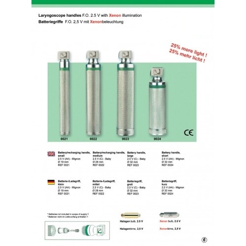 Laryngoscope handles F.O.2.5 V with Xenon illumination.